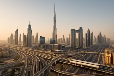 Dubai skyline with major highways and toll gates Dubai skyline with major highways and toll gates